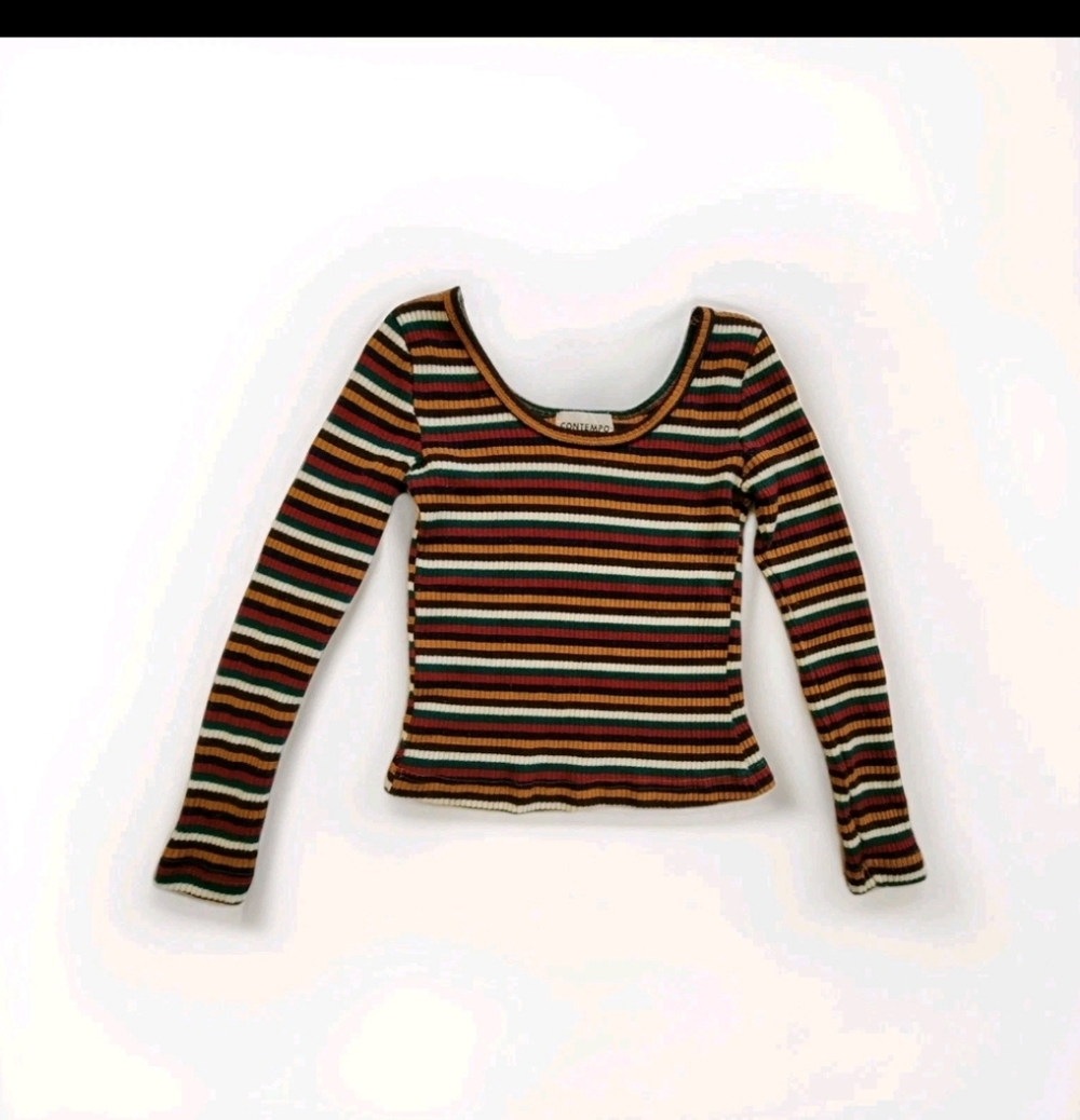Contempo Casuals Top Striped Ribbed Scoop Neck LS Stretch Crop Multicolor